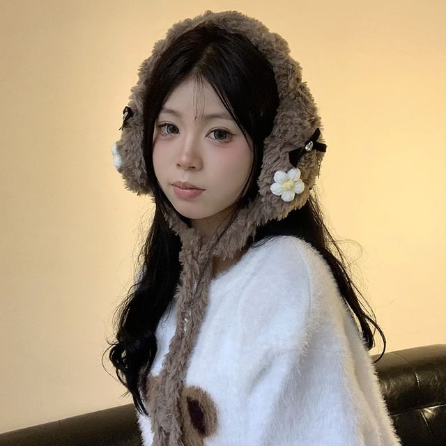 Bow Flower Crochet Earmuffs Fluffy