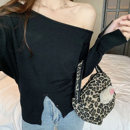 Long Sleeve Off Shoulder Plain Slit Knit Top