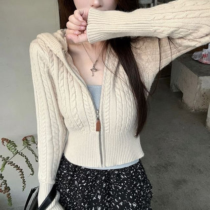 Hooded Plain Cable Knit Zip Up Crop Cardigan