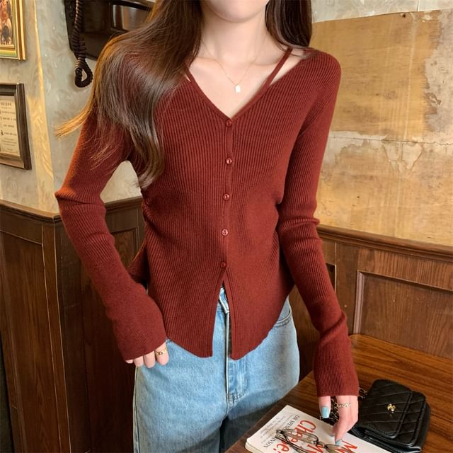 Long Sleeve V-Neck Plain Button Ribbed Knit Top