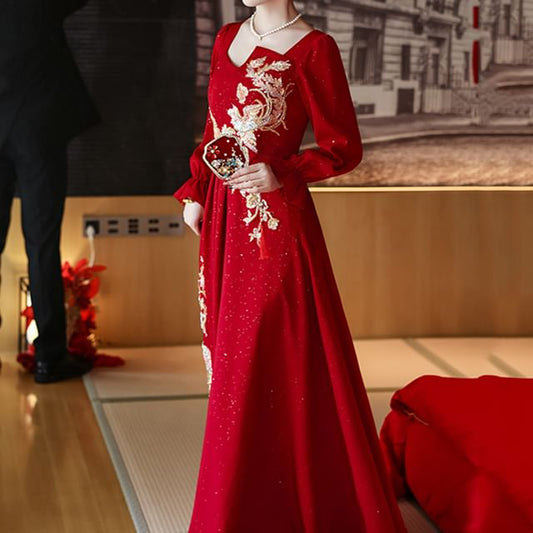 Long-Sleeve Square Neck Embroidered A-Line Evening Gown