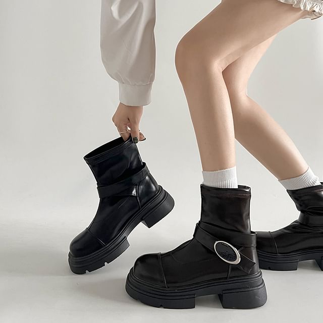 Platform Boots Short Buckled Panel