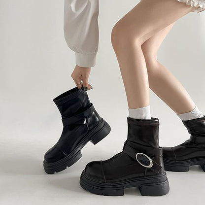 Platform Boots Short Buckled Panel