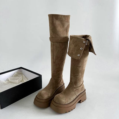 Over Buckled Button Faux Suede Platform Boots The Knee