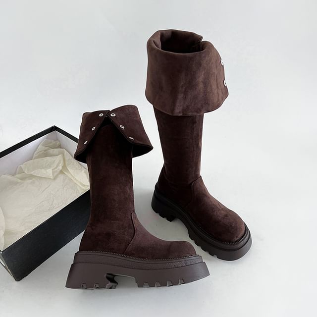 Over Buckled Button Faux Suede Platform Boots The Knee