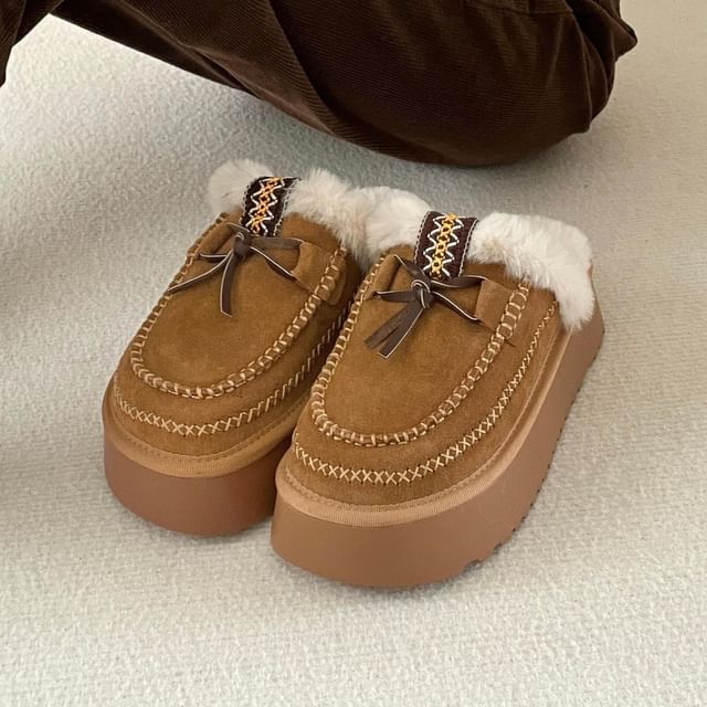 Platform Bow Accent Fleece-Lined Moccasin Mules