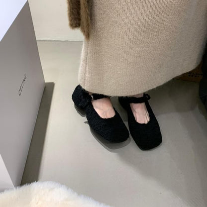 Chunky Heel Square Toe Plain Fleece Mary Jane Pumps