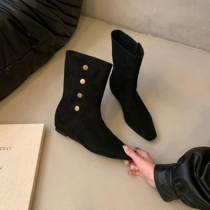 Hidden Wedge Plain Buttoned Mid-Calf Boots