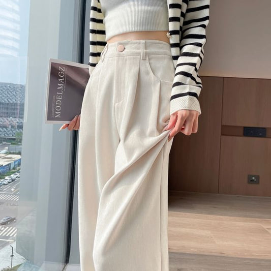 High Rise Plain Corduroy Wide Leg Dress Pants