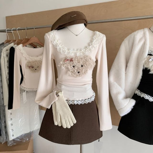 Scoop Patterned Ruffle Sleeve Cartoon Top Panel Neck Long