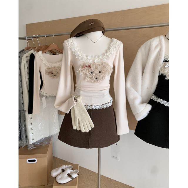 Scoop Patterned Ruffle Sleeve Cartoon Top Panel Neck Long