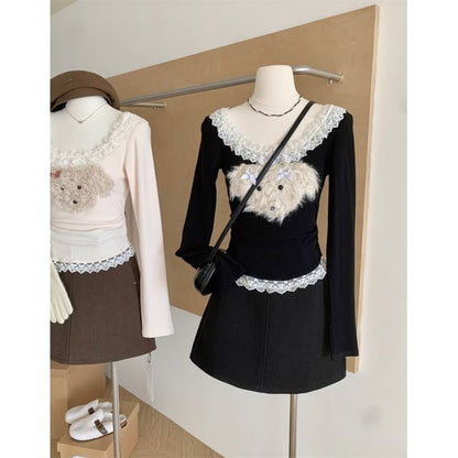 Scoop Patterned Ruffle Sleeve Cartoon Top Panel Neck Long