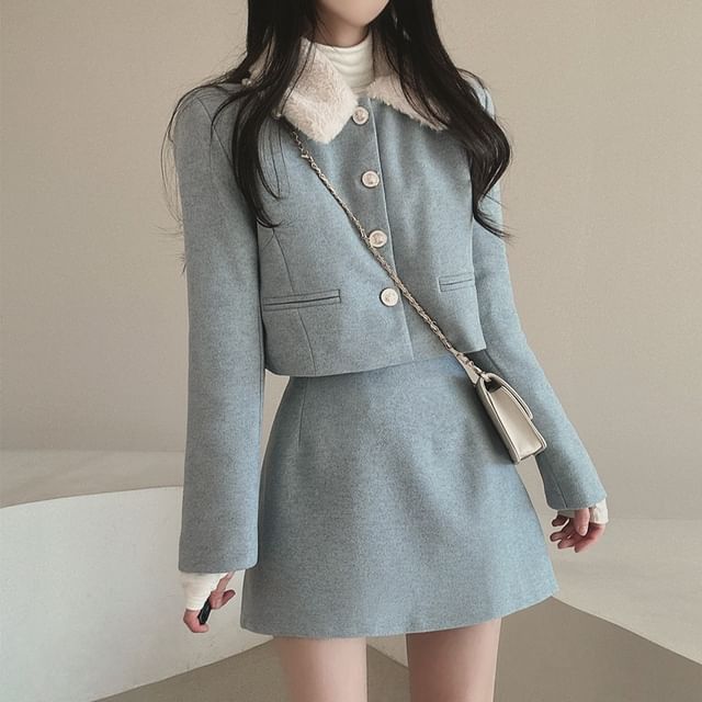 Set: Plain Fluffy Trim Single-Breasted Jacket + High Waist Mini A-Line Skirt