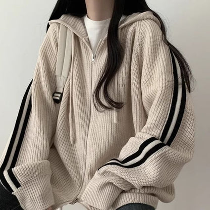 Striped Hooded Oversized Zip Cardigan