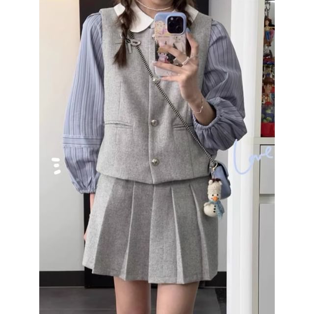 Puff-Sleeve Striped Shirt / Plain Single-Breasted Vest / High Waist Pleated Mini A-Line Skirt