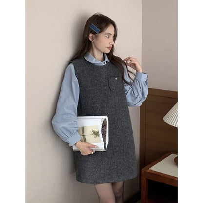 Puff-Sleeve Plain Shirt / Crew Neck Mini Jumper Dress