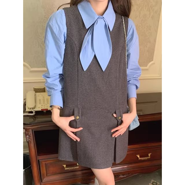 Puff-Sleeve Plain Shirt / Mini Dungaree Dress