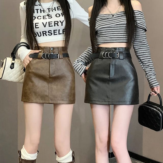 High Waist Faux Leather Mini A-Line Skirt