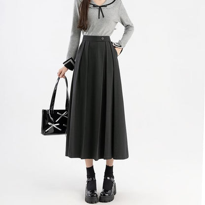 High Rise Plain Pleated Midi A-Line Skirt