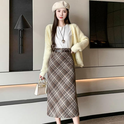 High Waist Plaid Midi A-Line Skirt