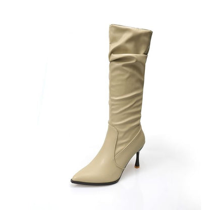 Heel Faux Leather Tall Pointed Toe Plain High Boots