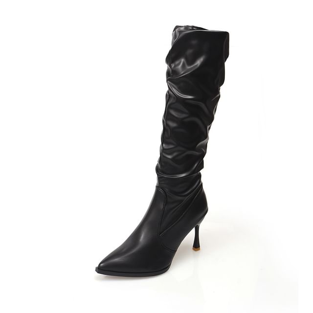 Heel Faux Leather Tall Pointed Toe Plain High Boots
