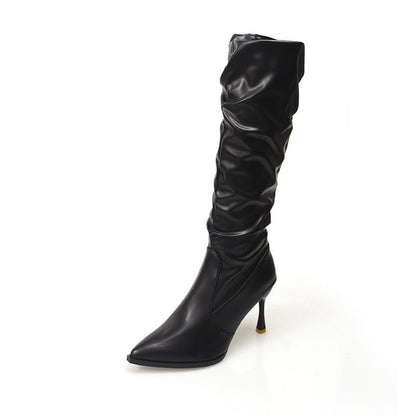 Heel Faux Leather Tall Pointed Toe Plain High Boots