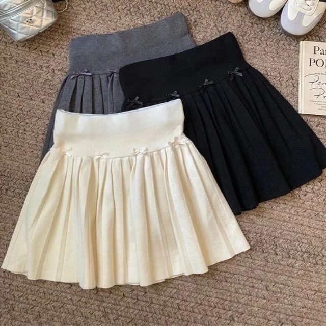 High Rise Plain Bow Accent Pleated Knit Mini A-Line Skirt