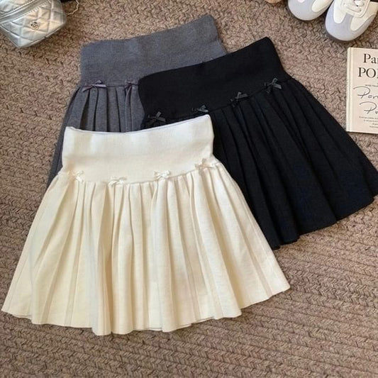 High Rise Plain Bow Accent Pleated Knit Mini A-Line Skirt