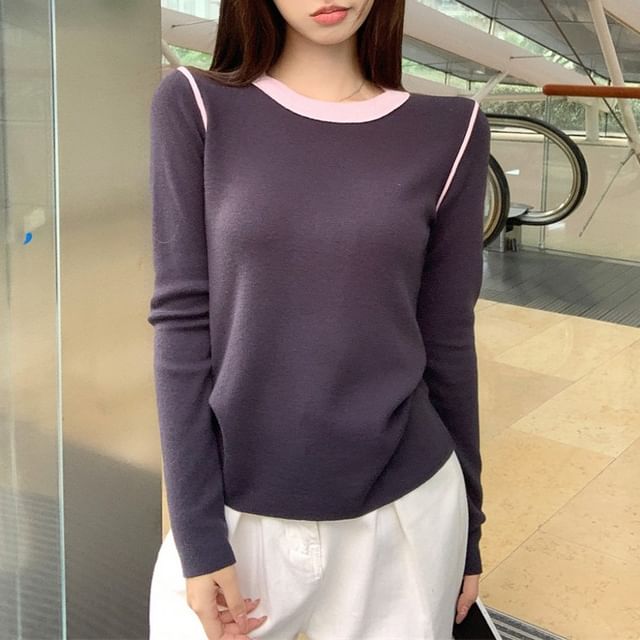 Long-Sleeve Crew Neck Contrast Trim Slim Fit Knit Top