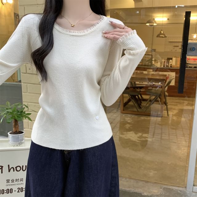 Long-Sleeve Round Neck Lace Trim Slim Fit Knit Top