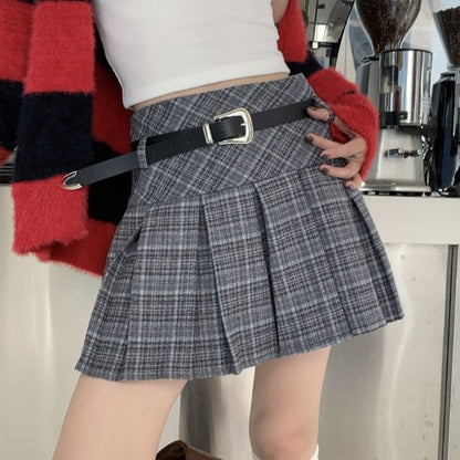 High Waist Plaid Pleated Mini A-Line Skirt