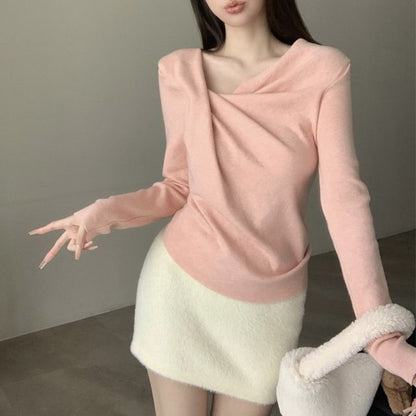 Long-Sleeve Asymmetrical Neck Plain Ruched Slim Fit Knit Top