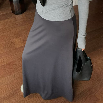 Stand Collar Plain Slim Fit Zip-Up Jacket / High Waist Maxi A-Line Skirt