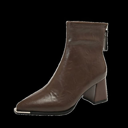 Chunky Heel Plain Pointy Short Boots