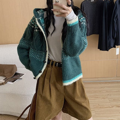 Cardigan à capuche en jacquard avec bordure contrastante