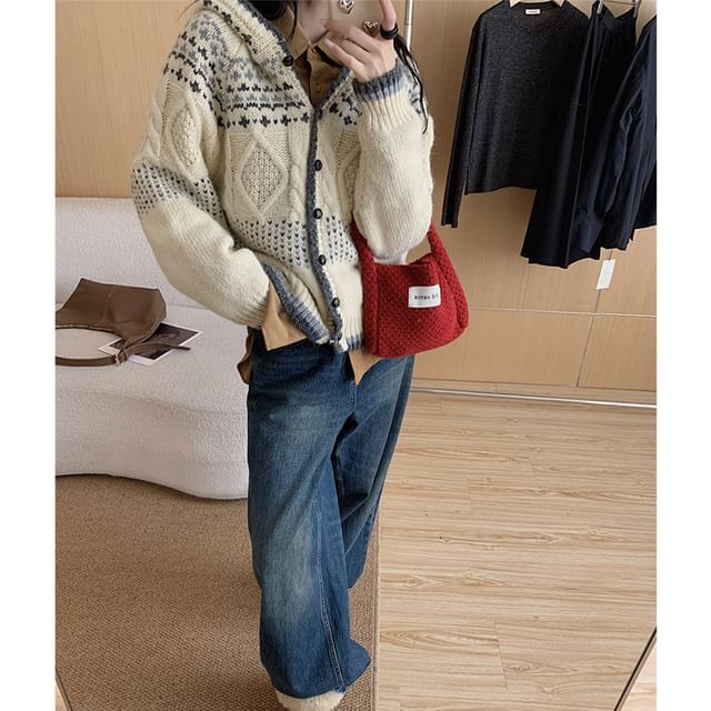 Cardigan à capuche en jacquard avec bordure contrastante