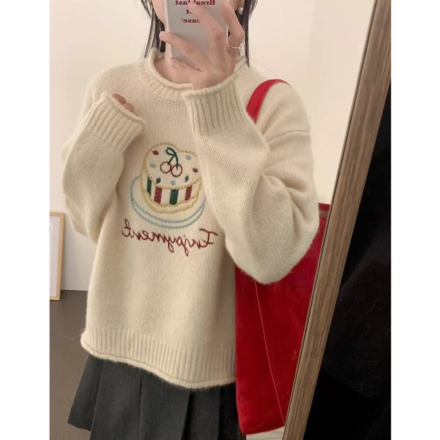 Crew Neck Lettering Embroidered Sweater