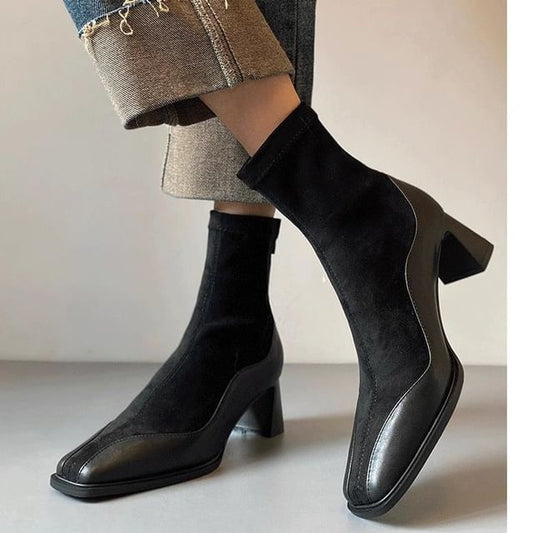 Heel Boots Faux Leather Block Short