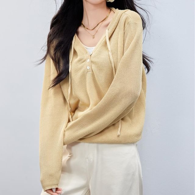 Knit Two Tone Mock V-Neck Hoodie Two-Piece