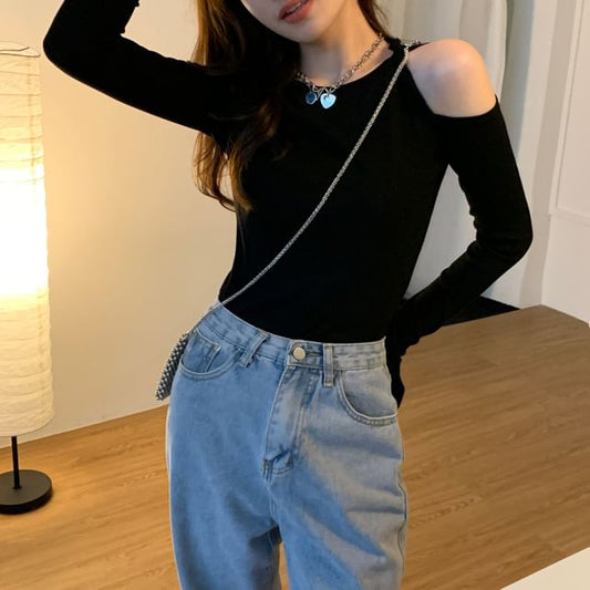 Long-Sleeve Cold Shoulder Plain Top