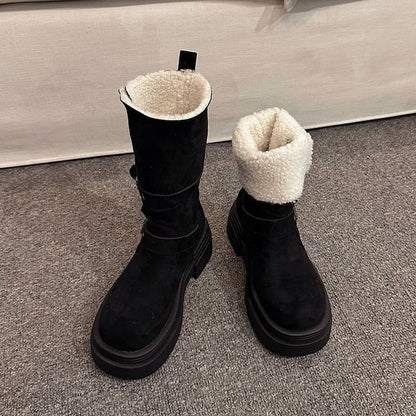 Boots Mid Calf Fur Faux Buckled