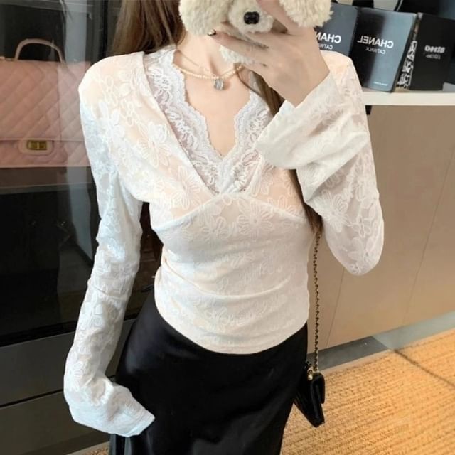 Long Sleeve V-Neck Plain Panel Lace Top