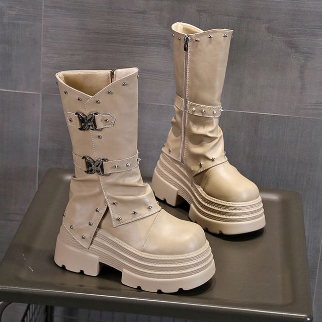 Boots Mid Platform Buckle Calf