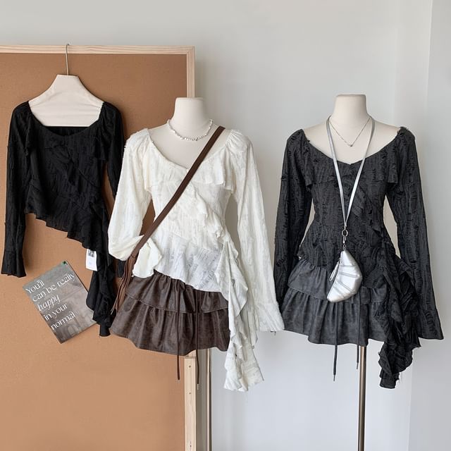 Neck Ruffle Top Trim Plain Long-Sleeve Scoop Asymmetrical