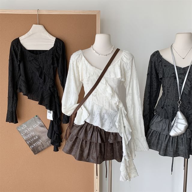 Neck Ruffle Top Trim Plain Long-Sleeve Scoop Asymmetrical