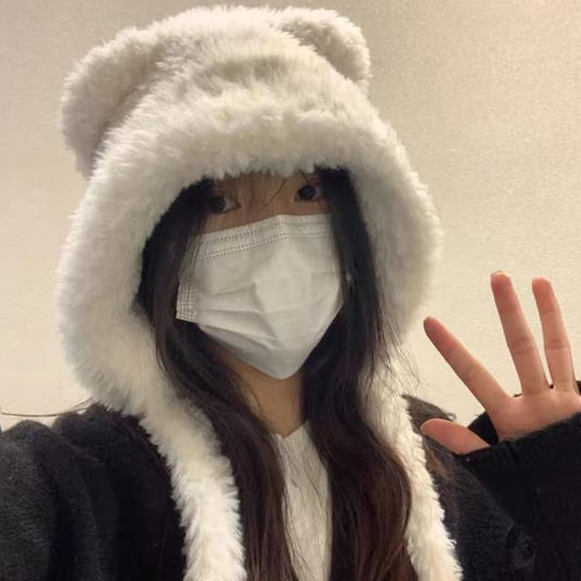 Beanie Fluffy Ribbed Bear Plain Hat Ear /