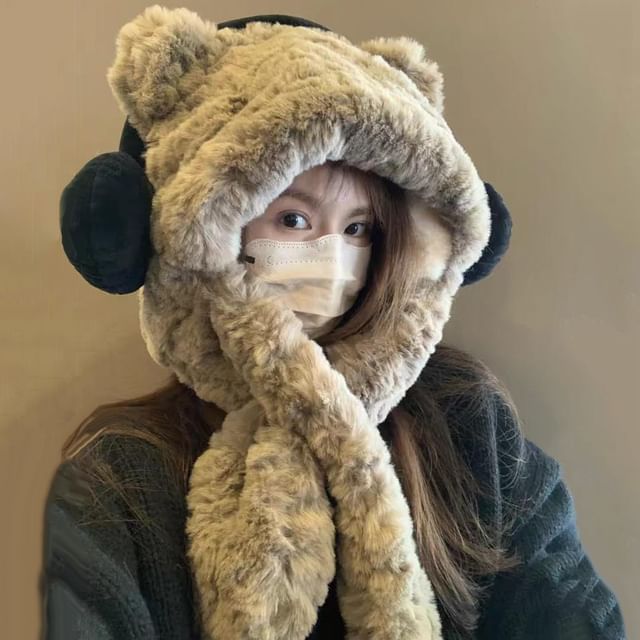 Ear Beanie / Fluffy Hooded Bear Scarf Ribbed