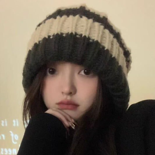 / Striped Plain Beanie Ribbed