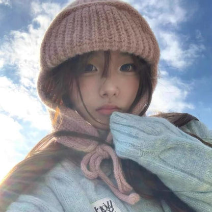 Knit Hat Balaclava Plain Fluffy / Bear